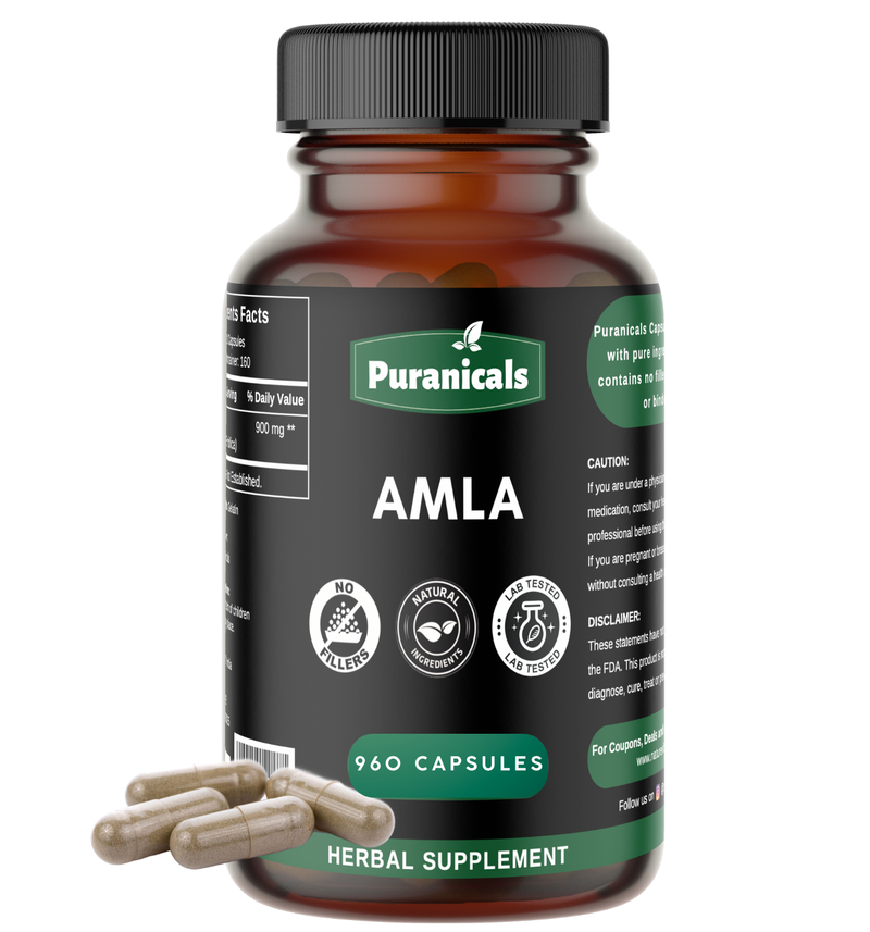 Puranicals Amla Premium 960 Capsules – Immunity Booster & Natural Support for Radiant Skin and Strong Hair | Herbal Superfood Supplement | 900 mg Amalaki Powder per Serving | Antioxidant-Rich & Made with Pure Amla powder.