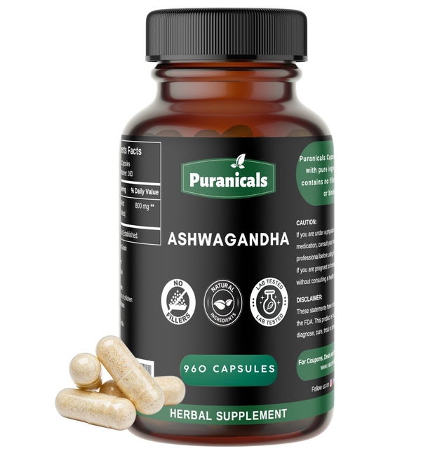 Puranicals Premium Ashwagandha 960 Capsules – Natural & Energy Booster | Herbal Supplement | 500 mg Ashwagandha Root powder per Serving.