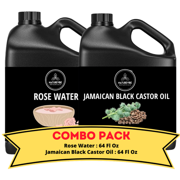 Rose Water & Jamaican Black Castor Oil- Bundle of 64 Ounces Each | Hydrating and Nourishing for Skincare and Haircare | Soothes and Calms All Skin Types