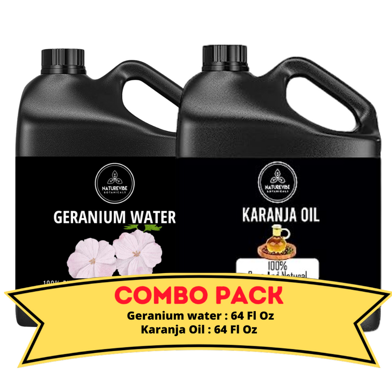 Geranium Water & Karanja Oil - Bundle of 64 Ounces Each | Hydrating and Nourishing for Skincare and Haircare | Soothes and Calms All Skin Types