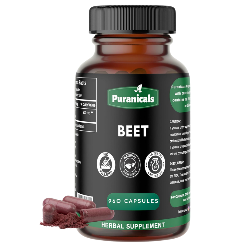 Puranicals Premium Beet 960 Capsules – Powerful Nitric Oxide Booster for Enhanced Energy & Heart Health | Herbal Superfood Supplement | 900 mg Pure Beetroot Powder (Beta Vulgaris) per Serving