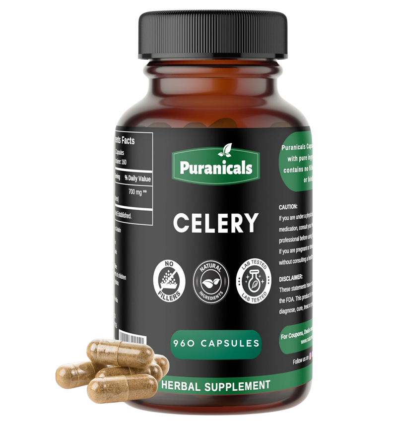 Puranicals Premium Celery 960 Capsules – Natural Support | Herbal Supplement | 700 mg Pure Celery Seed powder per Serving | Promotes Overall Wellness