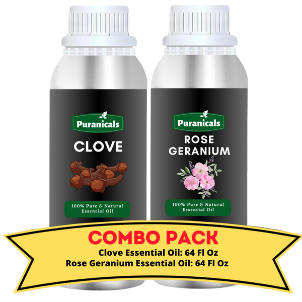 Clove Essential Oil & Rose Geranium Essential Oil Bundle | 64 oz Each by Puranicals | 100% Pure & Natural | Warm Spicy & Floral for a Harmonious & Uplifting Atmosphere | Hydrating & Balancing Formula for Soft, Glowing Skin