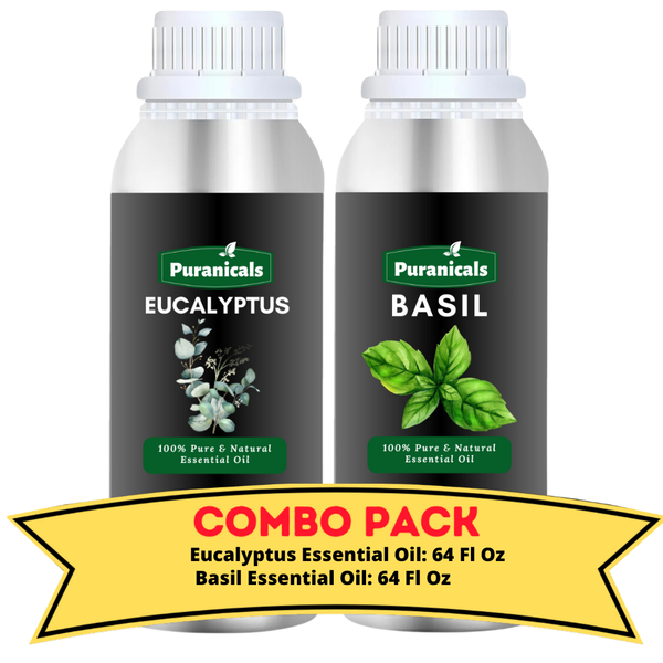 Eucalyptus Essential Oil & Basil Essential Oil Bundle- 64 Ounces Each | Revitalizing & Energizing Duo | Refreshing Eucalyptus & Uplifting Basil for a Rejuvenating and Invigorating Experience | Ideal for Enhancing Skincare, and Aromatherapy.