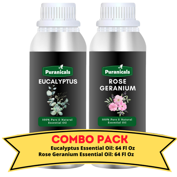 Eucalyptus Essential Oil & Rose Geranium Essential Oil Bundle - 64 Ounces Each | Invigorating & Floral Harmony | Refreshing Eucalyptus with Uplifting Rose Geranium for a Revitalizing Experience | Perfect for  Skincare, and Skin Rejuvenation