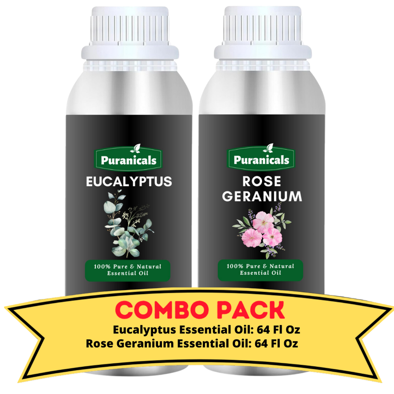 Eucalyptus Essential Oil & Rose Geranium Essential Oil Bundle - 64 Ounces Each | Invigorating & Floral Harmony | Refreshing Eucalyptus with Uplifting Rose Geranium for a Revitalizing Experience | Perfect for  Skincare, and Skin Rejuvenation