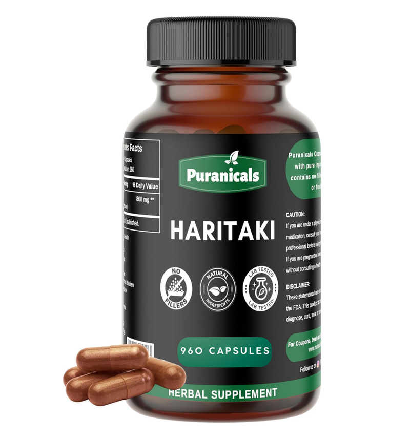 Puranicals Premium Haritaki 960 Capsules – Natural Supplement | 800 mg Pure Haritaki (Terminalia chebula) per Serving.