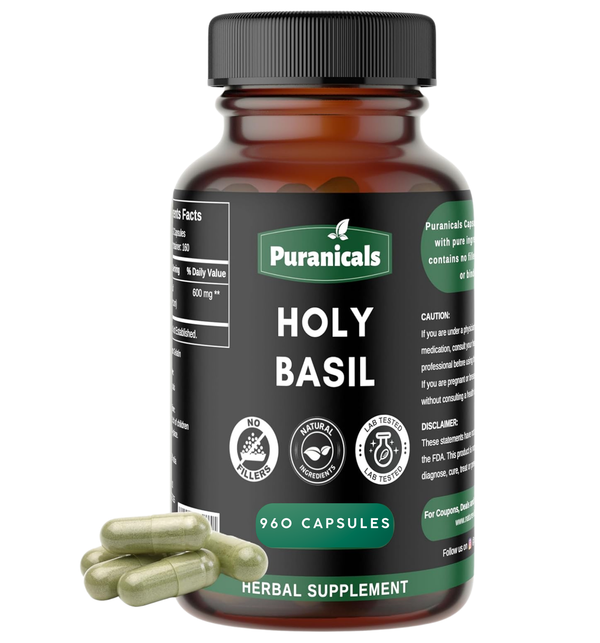 Puranicals Premium Holy Basil 960 Capsules – Natural | Herbal Adaptogen Supplement | 600 mg Pure Holy Basil (Tulsi) per Serving | Promotes Overall Well-being