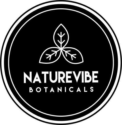 Black and white circular logo with three outlined leaves above bold text reading 'Naturevibe Botanicals'.