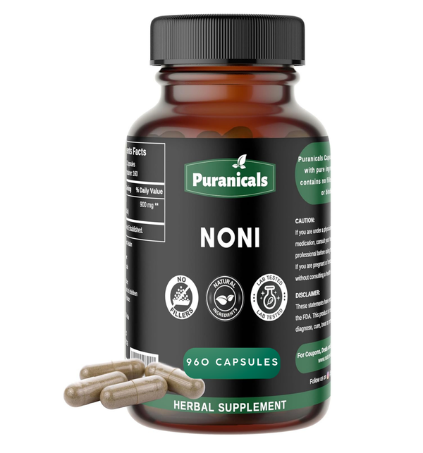 Puranicals Premium Noni 960 Capsules – Immune Support, Energy Boost & Digestive Wellness | Natural Supplement for Antioxidants, Vitality & Inflammation Relief | 900 mg Pure Noni Fruit powder per Serving