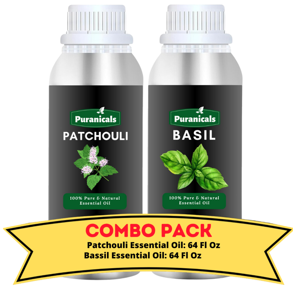 Patchouli Essential Oil & Basil Essential Oil Bundle- 64 Ounces Each | Earthy, Grounding Patchouli with Fresh, Energizing Basil Essential Oil | Invigorating and Calming Effects | Used in Body Oils, Skincare, and Aromatherapy.