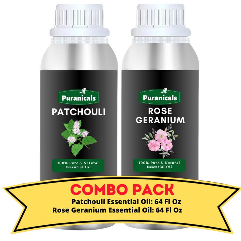 Patchouli Essential Oil & Rose Geranium Essential Oil Bundle- 64 Ounces Each | Excellent For Soothing Skincare & Balancing Aromatherapy | Ideal for Massage Oil.