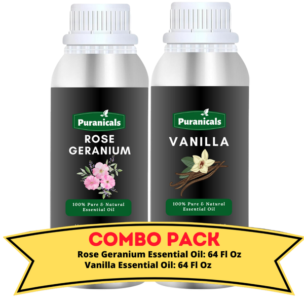 Rose Geranium Essential Oil & Vanilla Essential Oil Bundle- 64 Ounces Each | Uplifting Rose Geranium Essential Oil & Rich, Sweet Vanilla Essential Oil for a Soothing and Comforting Experience | Luxurious Fragrance | Hydrating & Refreshing