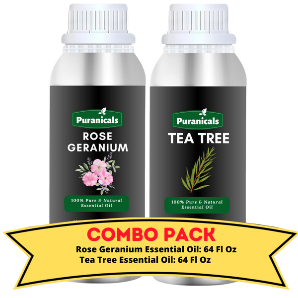 Rose Geranium Essential Oil & Tea Tree Essential Oil Bundle- 64 Ounces Each | Balancing & Purifying Duo | Floral Rose Geranium Essential Oil With Cleansing Tea Tree Essential Oil | Ideal for Revitalizing Skincare and Soothing Aromatherapy.