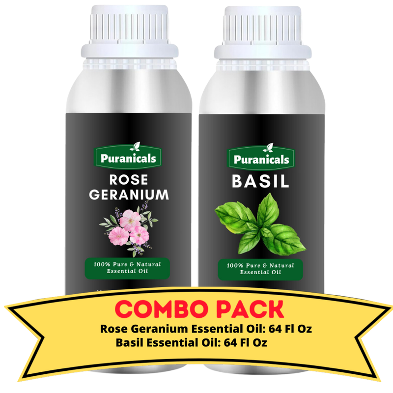 Rose Geranium Essential Oil & Basil Essential Oil Bundle- 64 Ounces Each | Uplifting Rose Geranium Essential Oil & Fresh Basil essential Oil | Perfect for Balancing Skincare, Invigorating Aromatherapy, and Enhancing Mood