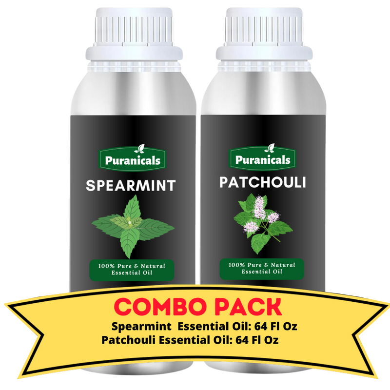 Spearmint Essential Oil & Patchouli Essential Oil Bundle- 64 Ounces Each | Cooling Spearmint Essential oil & Earthy, Musky Patchouli Essential Oil | Adding Depth to Your Body Oil Routine | Used in Bath Soaks, Skincare, and Diffusers.