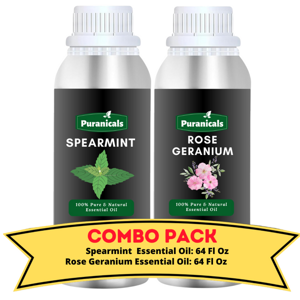 Spearmint Essential Oil & Rose Geranium Essential Oil Bundle- 64 Ounces Each | Cool, Refreshing Spearmint Essential Oil Blends with Floral, Uplifting Rose Geranium EssentialOil | Rejuvenating and Hydrating | Used in Body Oils, Skincare, and Aromatherapy.