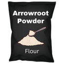 Arrowroot powder flour packaging with illustration of white powder and spoon on black bag