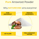 Arrowroot powder with whole arrowroot roots, highlighting pure, premium, filler-free ingredients.