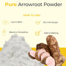 Pure arrowroot powder with fresh roots, usage ideas for bath, soup, smoothie, and baking