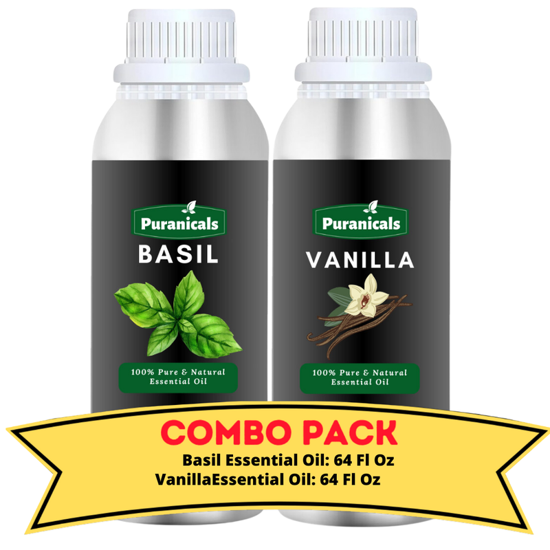 Basil Essential Oil & Vanilla Essential Oil Bundle- 64 Ounces Each | Experience Freashness of Basil Essential Oil and Smoothness of Vanilla Essential Oil | Refreshing and Hydrating.