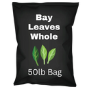 Black bag labeled Bay Leaves Whole 50lb with green leaf illustrations on front.