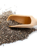 Black chia seeds with a wooden scoop on a white background