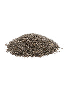 Pile of black chia seeds on white background, healthy superfood ingredient