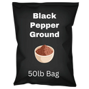 50lb black bag of ground black pepper with bowl illustration on packaging