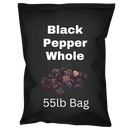 55lb bag of whole black peppercorns with bold white label and peppercorn graphic