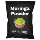 Bulk 55lb bag of moringa powder superfood with bowl illustration on black packaging