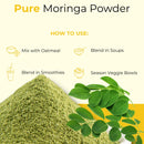 Pure moringa powder with leaves and usage tips for oatmeal, soups, smoothies, and veggie bowls