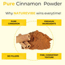 Cinnamon sticks and cinnamon powder with text highlighting pure, premium, filler-free cinnamon.