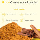Cinnamon powder heap with cinnamon sticks and star anise, usage tips for oatmeal, pie, baking, smoothies.