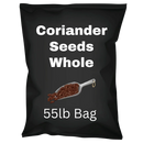 Large black 55lb bag labeled whole coriander seeds with scoop illustration
