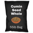 55lb bag of whole cumin seeds with a bowl of cumin on black packaging