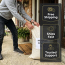 Person receiving a package of Bulk Moringa Powder with promotional text overlay on a doorstep.