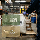 Person handling a bag of Moringa Powder in a warehouse with text about bulk supply, reliable shipping, and USA readiness.