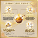 Turmeric powder benefits infographic with icons and text on a beige background