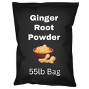 55lb bag of ginger root powder with bowl and ginger root illustration on black packaging