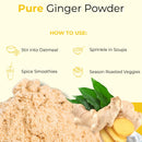 Pure ginger powder with fresh ginger root and suggested uses for oatmeal, soups, smoothies, and veggies