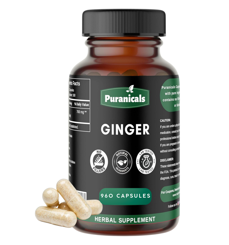 Puranicals Premium Ginger 960 Capsules | Herbal Supplement | 700 mg Pure Ginger Root powder per Serving