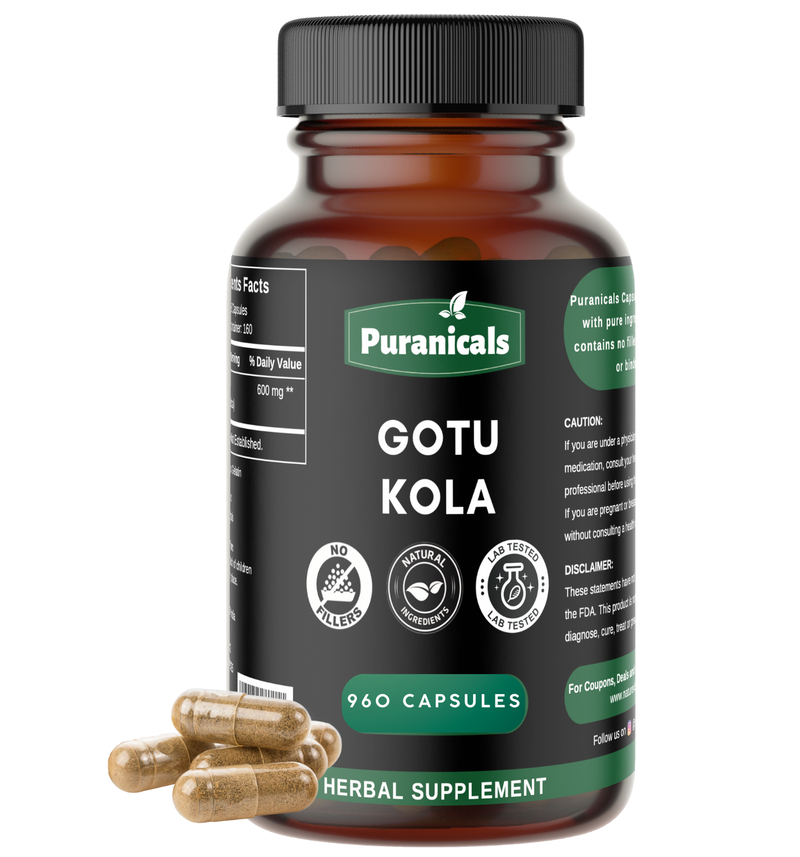 Puranicals Premium Gotu Kola 960 Capsules – Enhance Body Function & Supports Health | | 600 mg Pure Gotu Kola (Centella Asiatica) per Serving | Promotes Healthy Skin and Overall health.