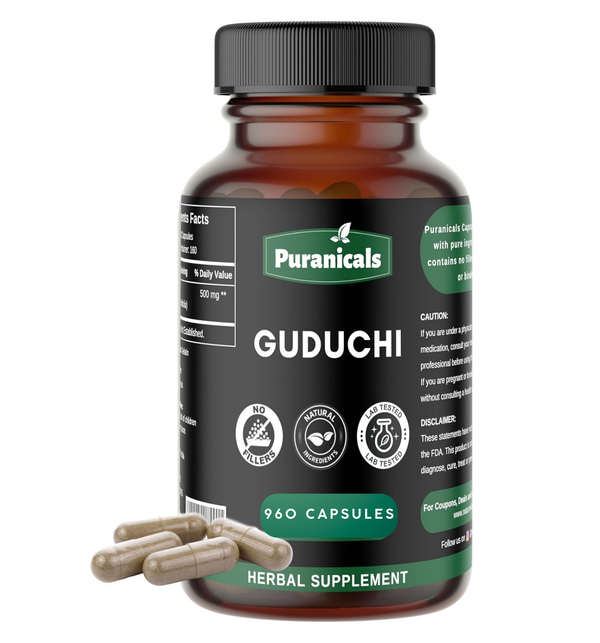 Puranicals Premium Guduchi 960 Capsules | Herbal Supplement for Overall Wellness | 500 mg Pure Guduchi (Tinospora cordifolia) per Serving.