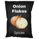 Black packet of onion flakes spices featuring illustrated onions on the front.