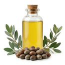 Glass bottle of pure argan oil with argan nuts and leaves on a white background