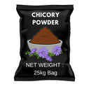 25kg chicory powder bag with bowl illustration and purple chicory flowers on black packaging