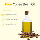 Glass bottle of pure coffee bean oil with coffee beans and skin care benefits text
