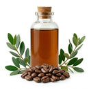 Glass bottle of coffee bean oil with cork, coffee beans, and green leaves on white background