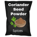 Black bag labeled coriander seed powder spices with illustration of ground coriander in a bowl